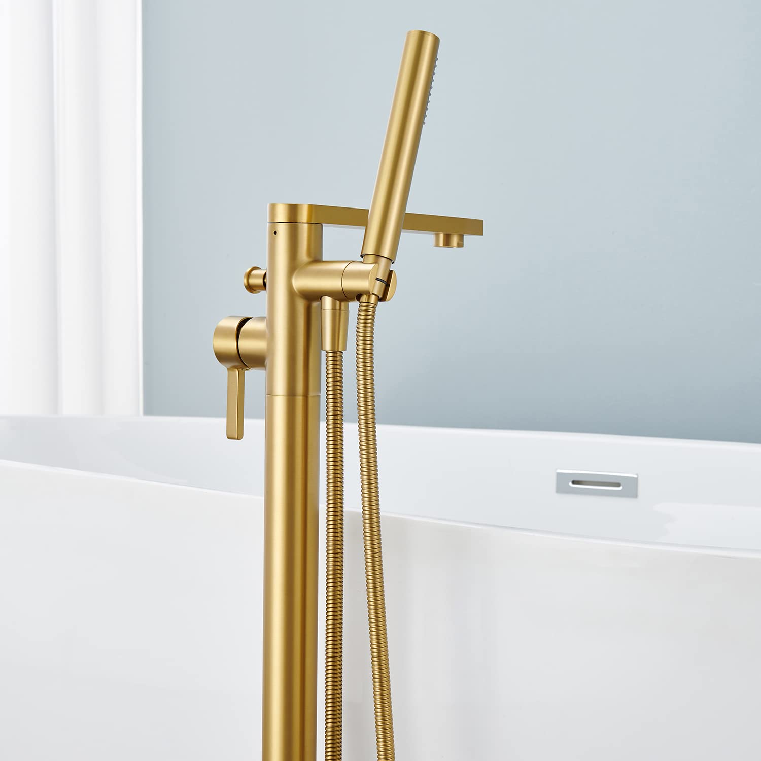 Wowkk Freestanding Bathtub Faucet Tub Filler Brushed Gold Floor Mount Brass Single Handle Bathroom Faucets with Hand Shower