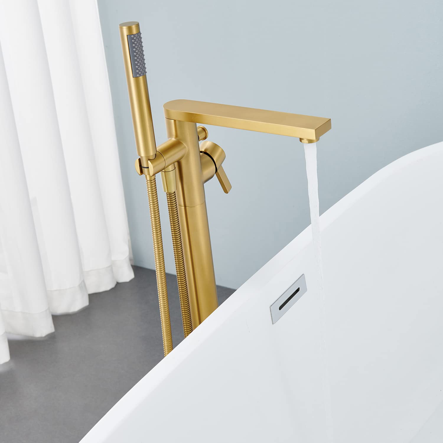 Wowkk Freestanding Bathtub Faucet Tub Filler Brushed Gold Floor Mount Brass Single Handle Bathroom Faucets with Hand Shower