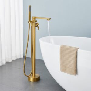 Wowkk Freestanding Bathtub Faucet Tub Filler Brushed Gold Floor Mount Brass Single Handle Bathroom Faucets with Hand Shower