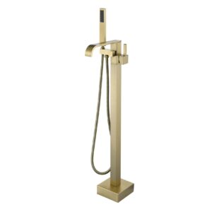 JiaYouJia Freestanding Bathtub Faucet Brushed Gold Tub Filler with Handheld Shower Single Handle Floor Mount Bathroom Faucet