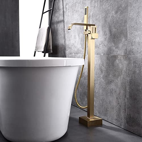 JiaYouJia Freestanding Bathtub Faucet Brushed Gold Tub Filler with Handheld Shower Single Handle Floor Mount Bathroom Faucet