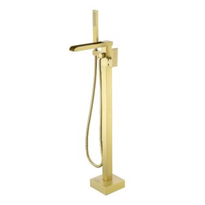 shamanda luxury freestanding bathtub faucet single handle waterfall tub filler with handheld shower brushed gold, floor mounted, fl701-3