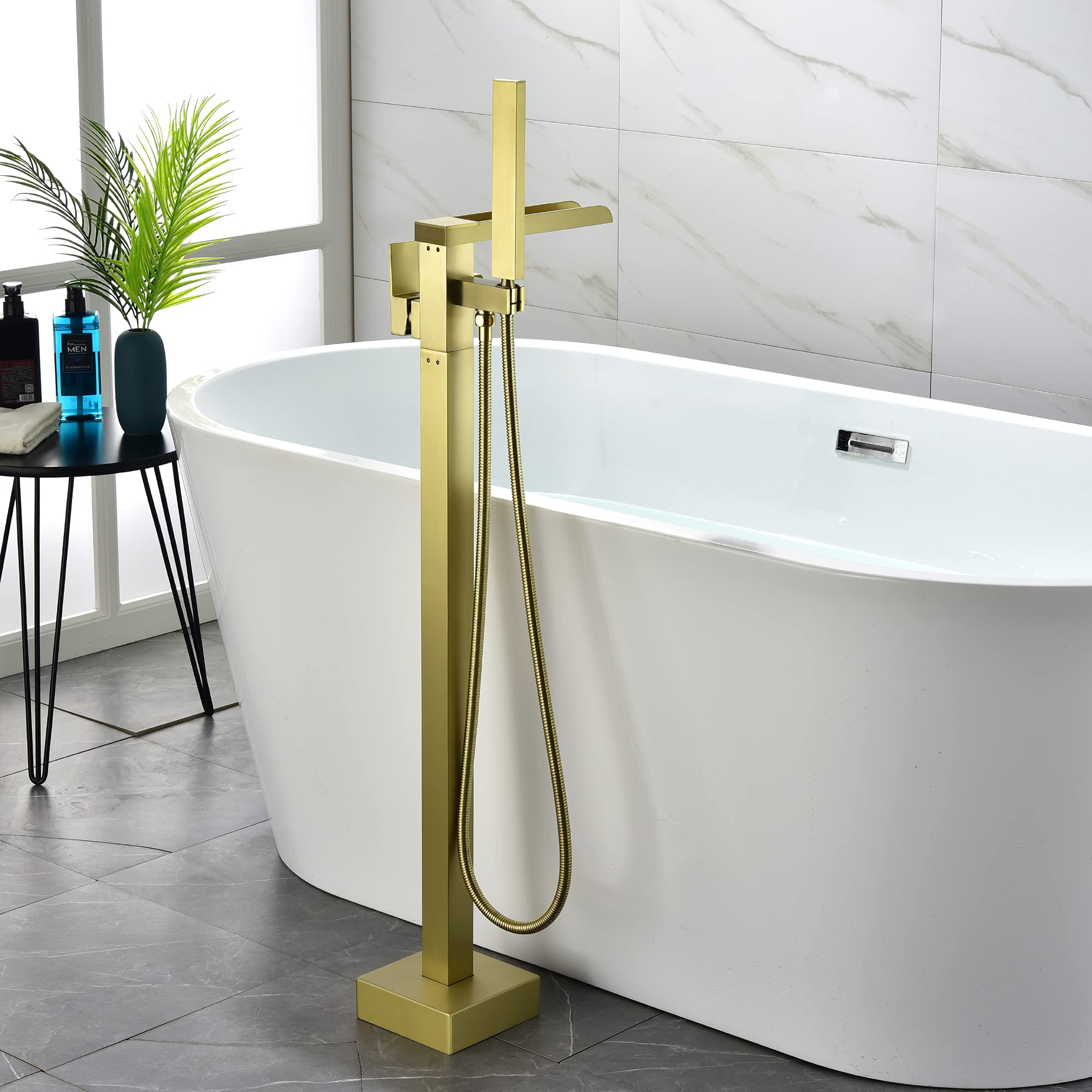 SHAMANDA Luxury Freestanding Bathtub Faucet Single Handle Waterfall Tub Filler with Handheld Shower Brushed Gold, Floor Mounted, FL701-3