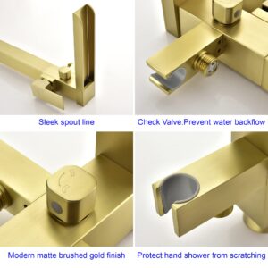 SHAMANDA Luxury Freestanding Bathtub Faucet Single Handle Waterfall Tub Filler with Handheld Shower Brushed Gold, Floor Mounted, FL701-3