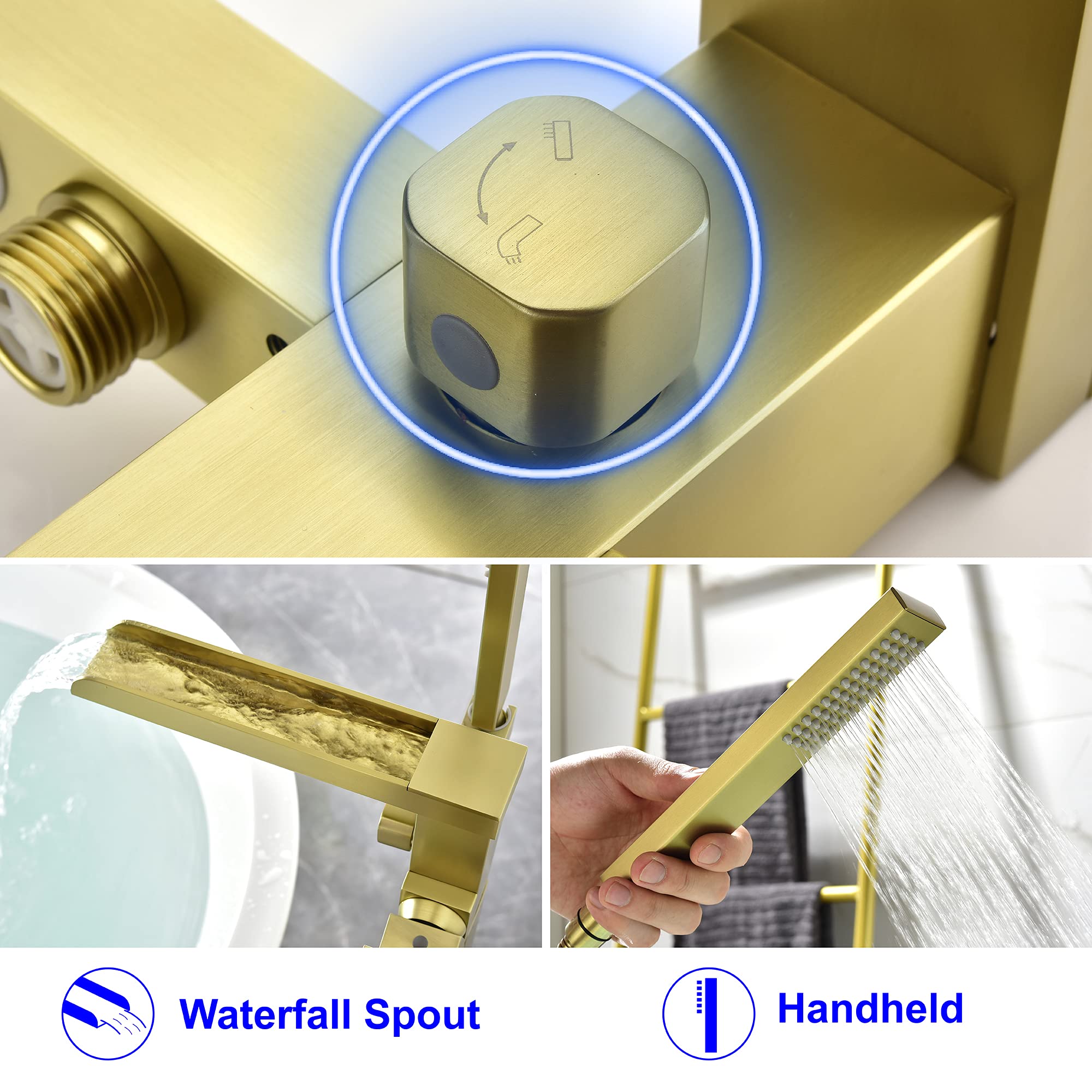 SHAMANDA Luxury Freestanding Bathtub Faucet Single Handle Waterfall Tub Filler with Handheld Shower Brushed Gold, Floor Mounted, FL701-3