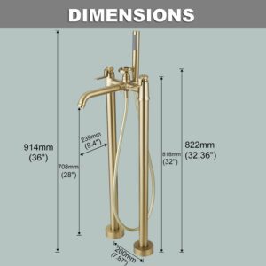 Bathfinesse Gold Freestanding Bathtub Faucet Floor Mount Tub Filler with Handheld Shower Two Handle Two Feet High Flow Rate Mixer Tap Bathroom Tub Faucet