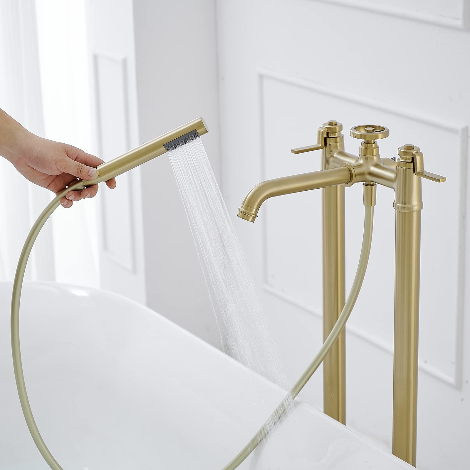 Bathfinesse Gold Freestanding Bathtub Faucet Floor Mount Tub Filler with Handheld Shower Two Handle Two Feet High Flow Rate Mixer Tap Bathroom Tub Faucet