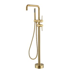 hideno freestanding bathtub faucet brushed gold, two function handle floor mount tub filler faucet with handheld shower and 360 degree swivel spout (brushed gold)