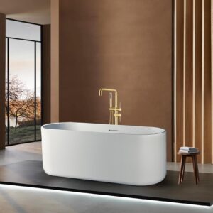 Hideno Freestanding Bathtub Faucet Brushed Gold, Two Function Handle Floor Mount Tub Filler Faucet with Handheld Shower and 360 Degree Swivel Spout (Brushed Gold)