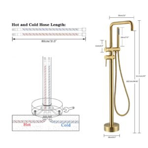 Hideno Freestanding Bathtub Faucet Brushed Gold, Two Function Handle Floor Mount Tub Filler Faucet with Handheld Shower and 360 Degree Swivel Spout (Brushed Gold)