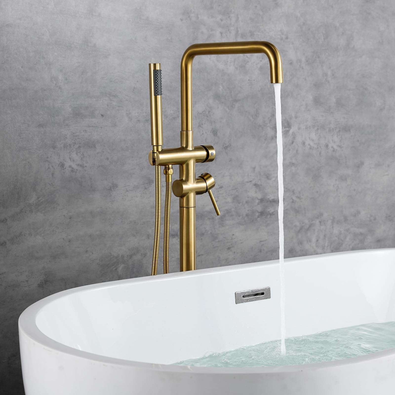 Hideno Freestanding Bathtub Faucet Brushed Gold, Two Function Handle Floor Mount Tub Filler Faucet with Handheld Shower and 360 Degree Swivel Spout (Brushed Gold)