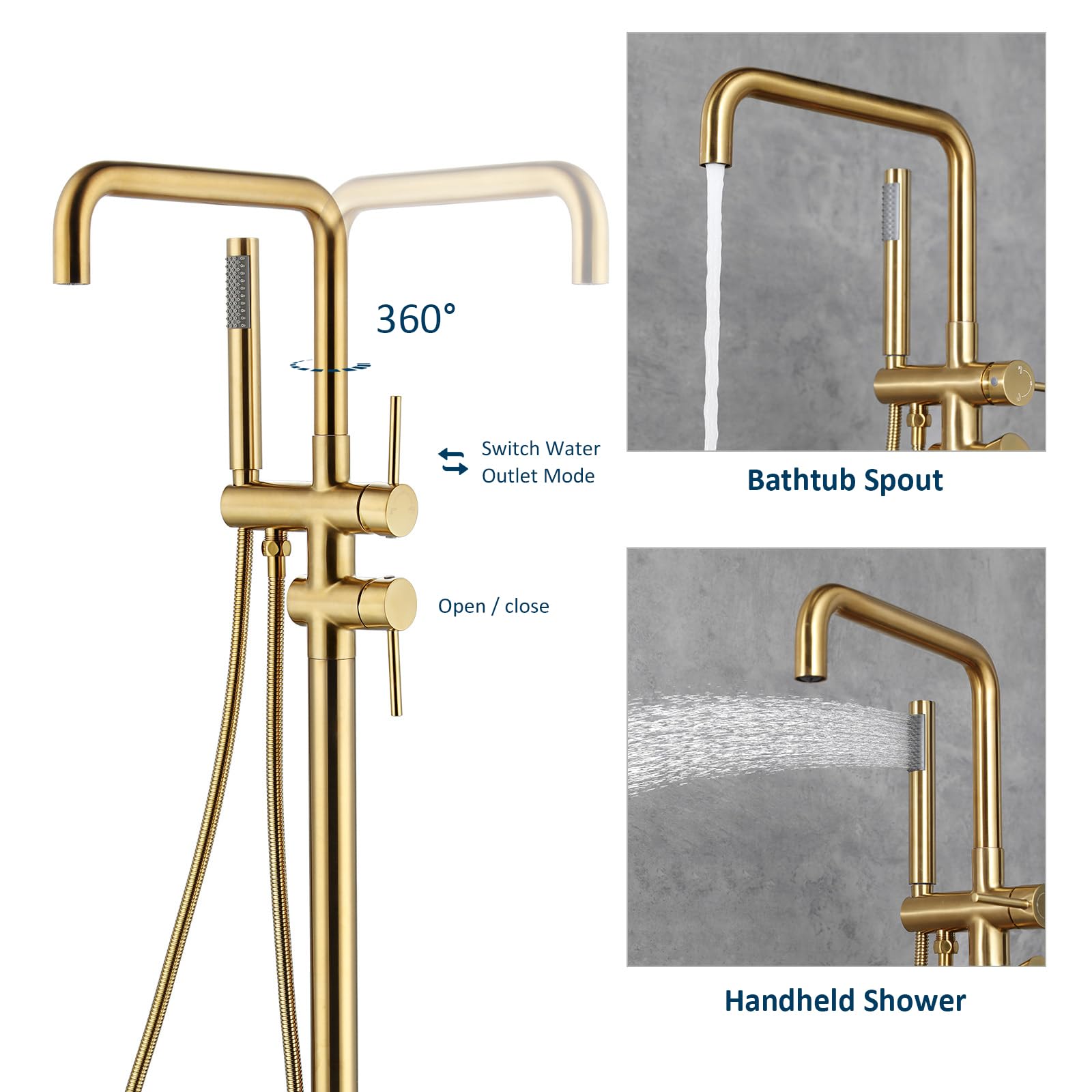 Hideno Freestanding Bathtub Faucet Brushed Gold, Two Function Handle Floor Mount Tub Filler Faucet with Handheld Shower and 360 Degree Swivel Spout (Brushed Gold)