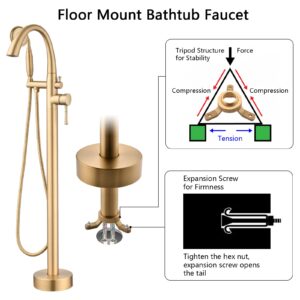 PROOX Freestanding Bathtub Faucet Floor Mounted, High Flow Free Standing Tub Filler with Hand Sprayer, Swivel Spout - Brushed Gold