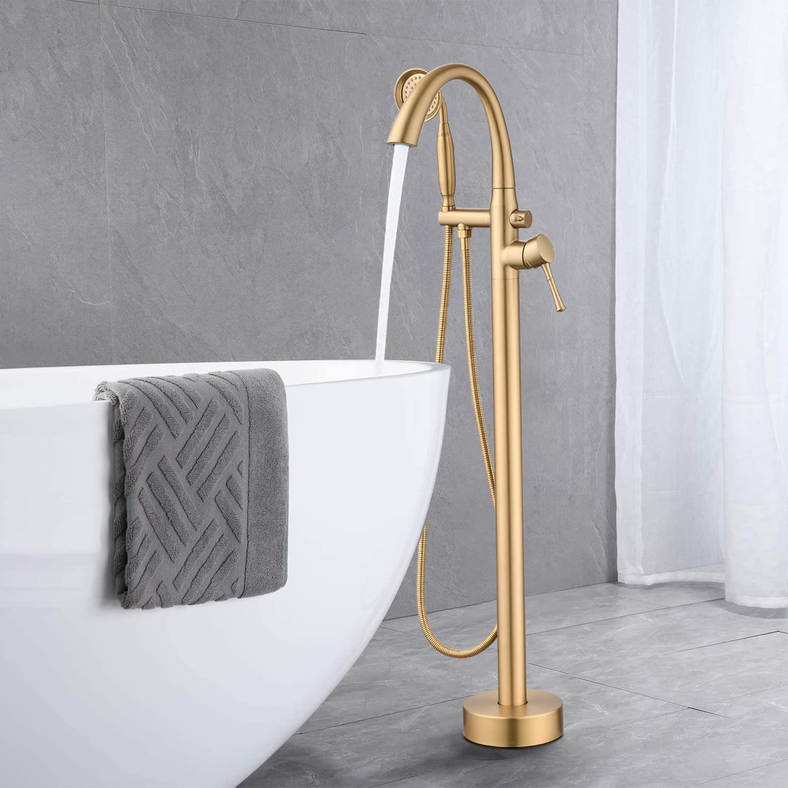 PROOX Freestanding Bathtub Faucet Floor Mounted, High Flow Free Standing Tub Filler with Hand Sprayer, Swivel Spout - Brushed Gold