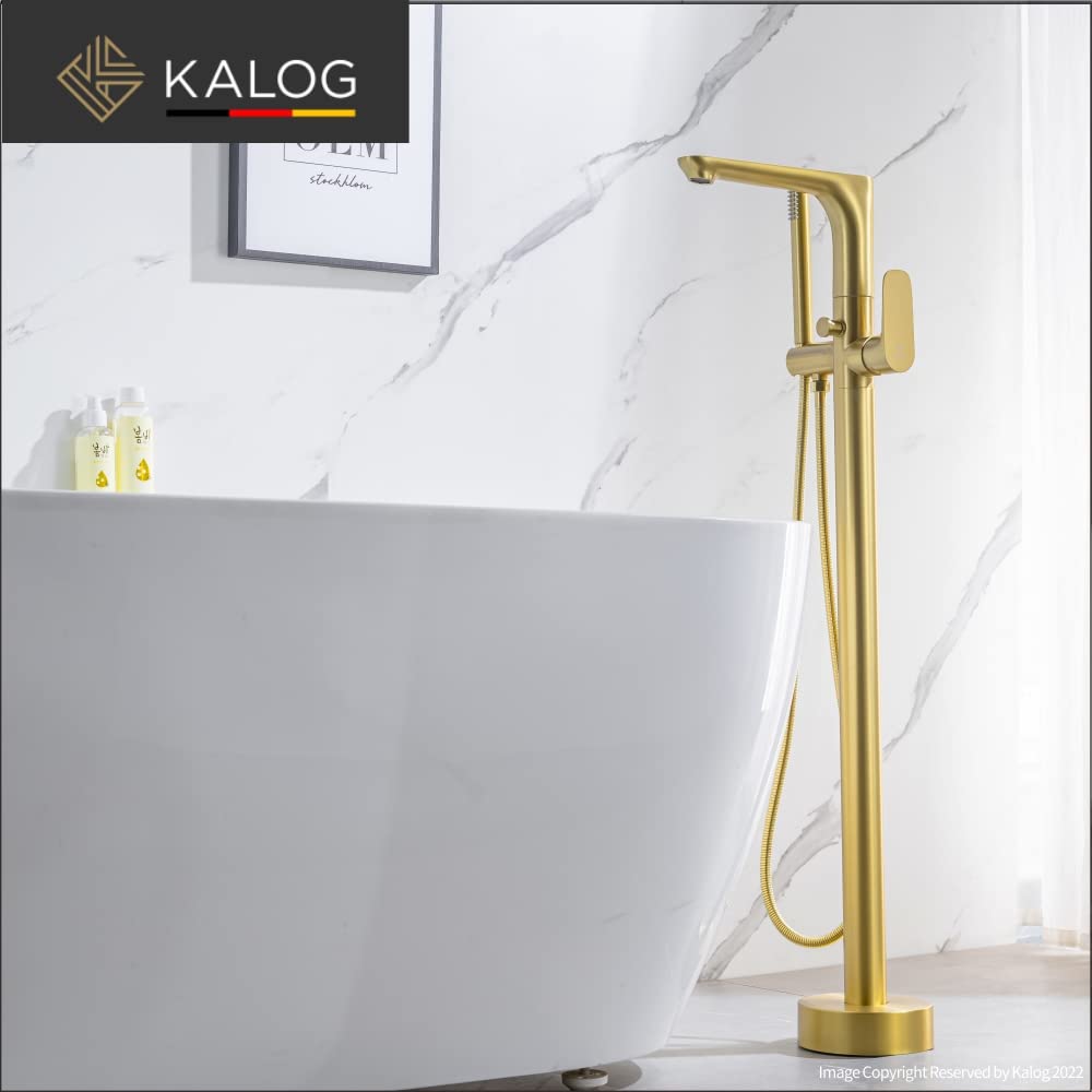 KALOG Single Handle Freestanding Tub Filler Floor Mount Bathtub Faucet with Handheld Shower (Brushed Gold-G)