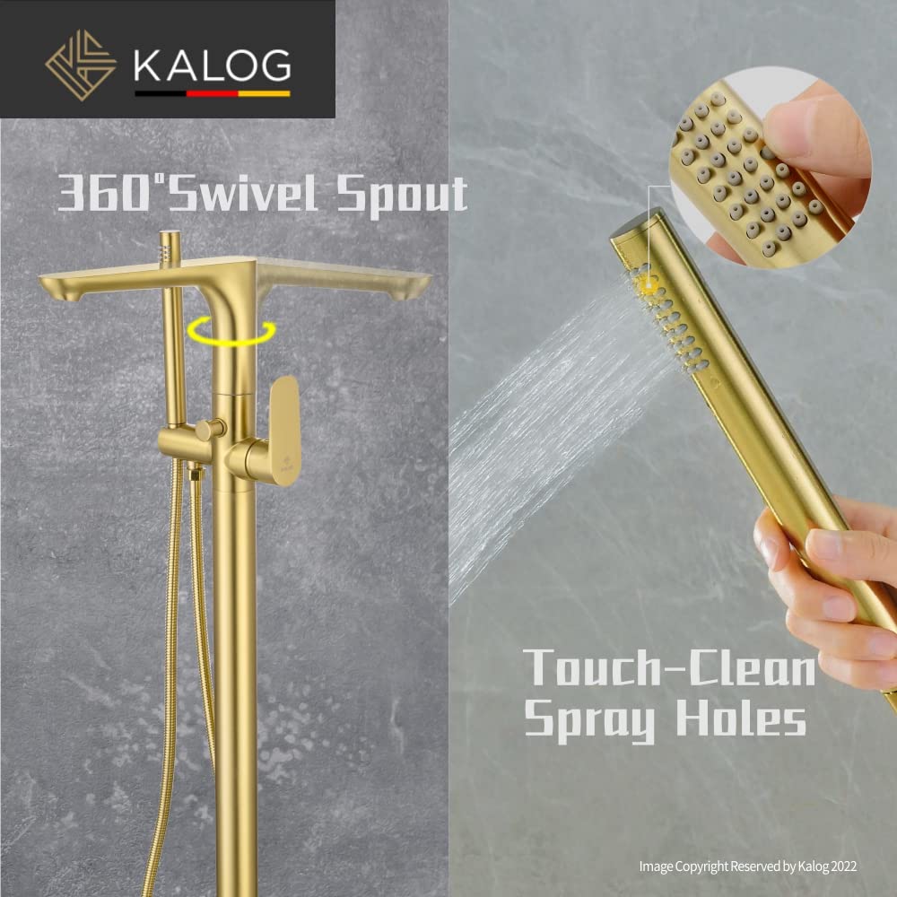 KALOG Single Handle Freestanding Tub Filler Floor Mount Bathtub Faucet with Handheld Shower (Brushed Gold-G)