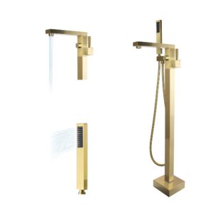 Freestanding Bathtub Faucet Brushed Gold Floor Mount Tub Faucet with Handheld Shower Free Standing Tub Filler with Hand Sprayer Bathroom Single Handle Brass Floor Faucet High Flow Mixer Tap JIAENLEMA