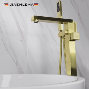 Freestanding Bathtub Faucet Brushed Gold Floor Mount Tub Faucet with Handheld Shower Free Standing Tub Filler with Hand Sprayer Bathroom Single Handle Brass Floor Faucet High Flow Mixer Tap JIAENLEMA