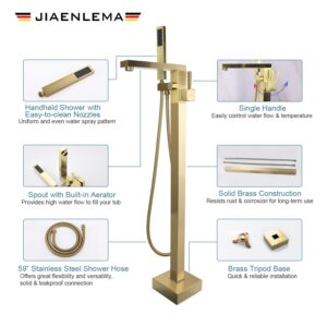 Freestanding Bathtub Faucet Brushed Gold Floor Mount Tub Faucet with Handheld Shower Free Standing Tub Filler with Hand Sprayer Bathroom Single Handle Brass Floor Faucet High Flow Mixer Tap JIAENLEMA