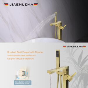 Freestanding Bathtub Faucet Brushed Gold Floor Mount Tub Faucet with Handheld Shower Free Standing Tub Filler with Hand Sprayer Bathroom Single Handle Brass Floor Faucet High Flow Mixer Tap JIAENLEMA