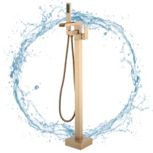 PROOX Freestanding Bathtub Faucet Floor Mounted, High Flow Free Standing Tub Filler with Hand Sprayer, Swivel Spout - Brushed Gold