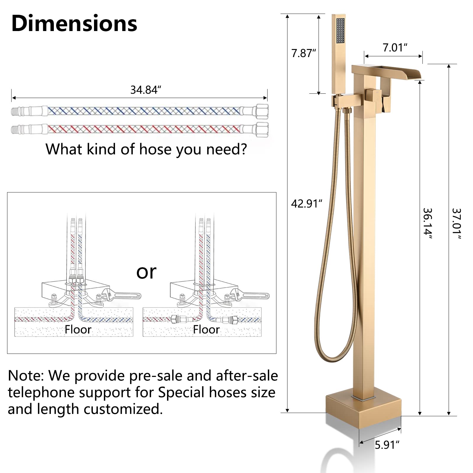 PROOX Freestanding Bathtub Faucet Floor Mounted, High Flow Free Standing Tub Filler with Hand Sprayer, Swivel Spout - Brushed Gold