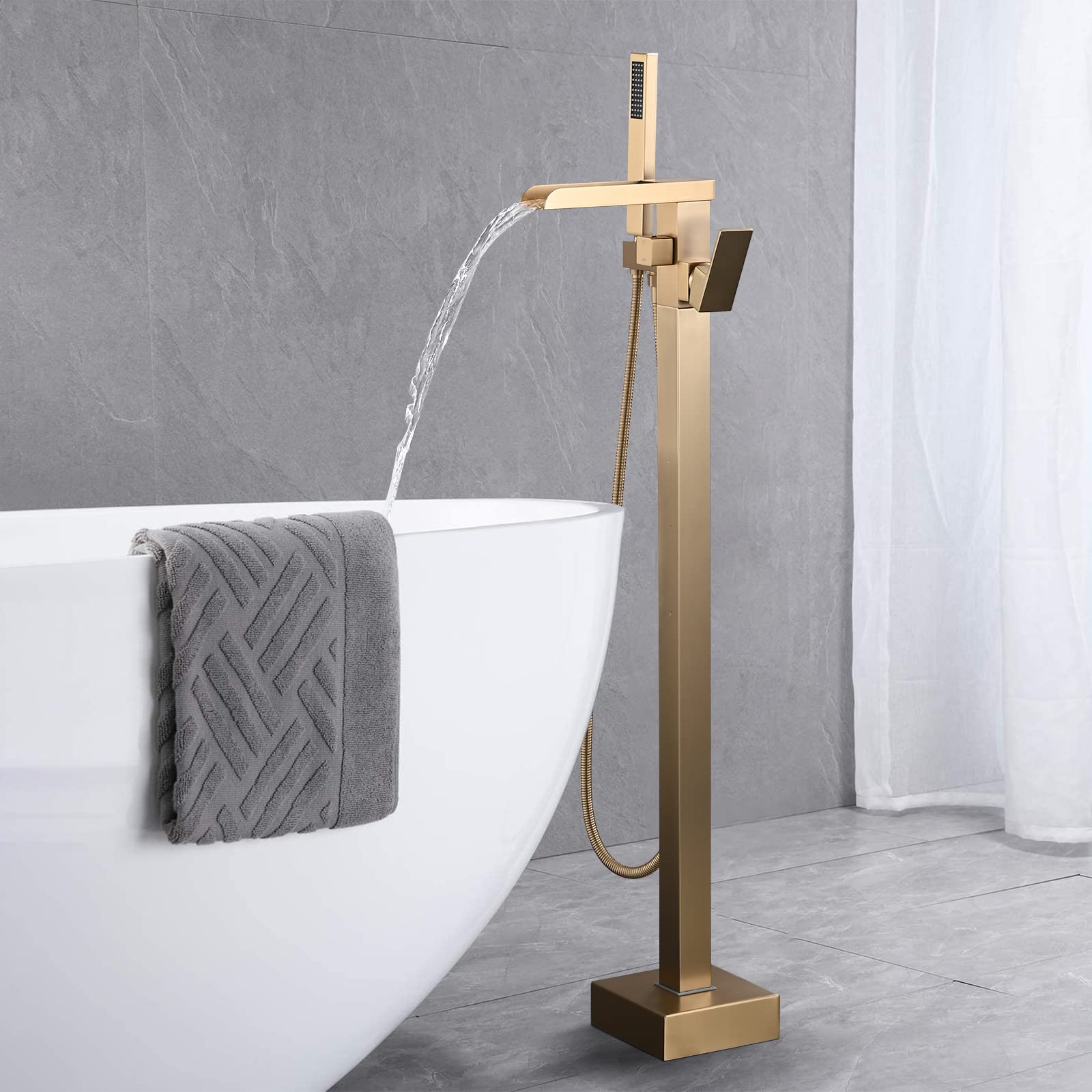 PROOX Freestanding Bathtub Faucet Floor Mounted, High Flow Free Standing Tub Filler with Hand Sprayer, Swivel Spout - Brushed Gold