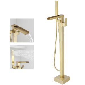 Freestanding Bathtub Faucet Brushed Gold Waterfall Bathtub Faucet Floor Mount Tub Filler Single Handle Bathtub Shower Faucets with Hand Shower Swivel Spout Brass Mixer Tap by BWE