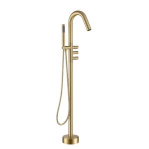 freestanding bathtub faucet floor mount tub filler faucet with handheld shower 360° swivel bathtub faucet set with stainless steel water supply pipe, brushed gold