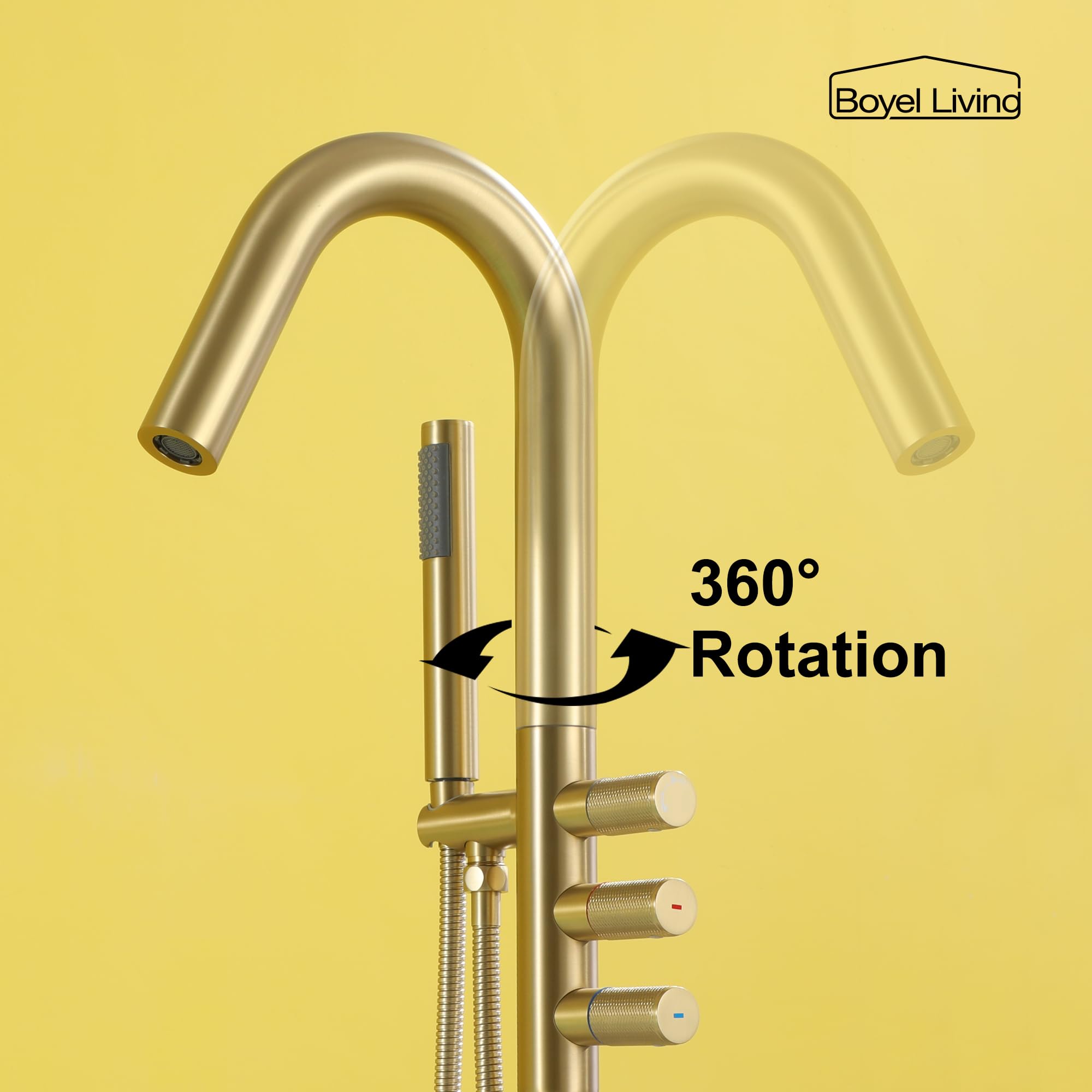 Freestanding Bathtub Faucet Floor Mount Tub Filler Faucet with Handheld Shower 360° Swivel Bathtub Faucet Set with Stainless Steel Water Supply Pipe, Brushed Gold