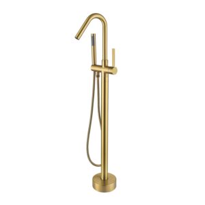 SATICO Freestanding Bathtub Faucet Gold Brushed Brass FF034BB Bathroom Single Handle Floor Mounted Tub Filler with Hand Shower Mixer Taps Swivel Spout