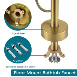 SATICO Freestanding Bathtub Faucet Gold Brushed Brass FF034BB Bathroom Single Handle Floor Mounted Tub Filler with Hand Shower Mixer Taps Swivel Spout