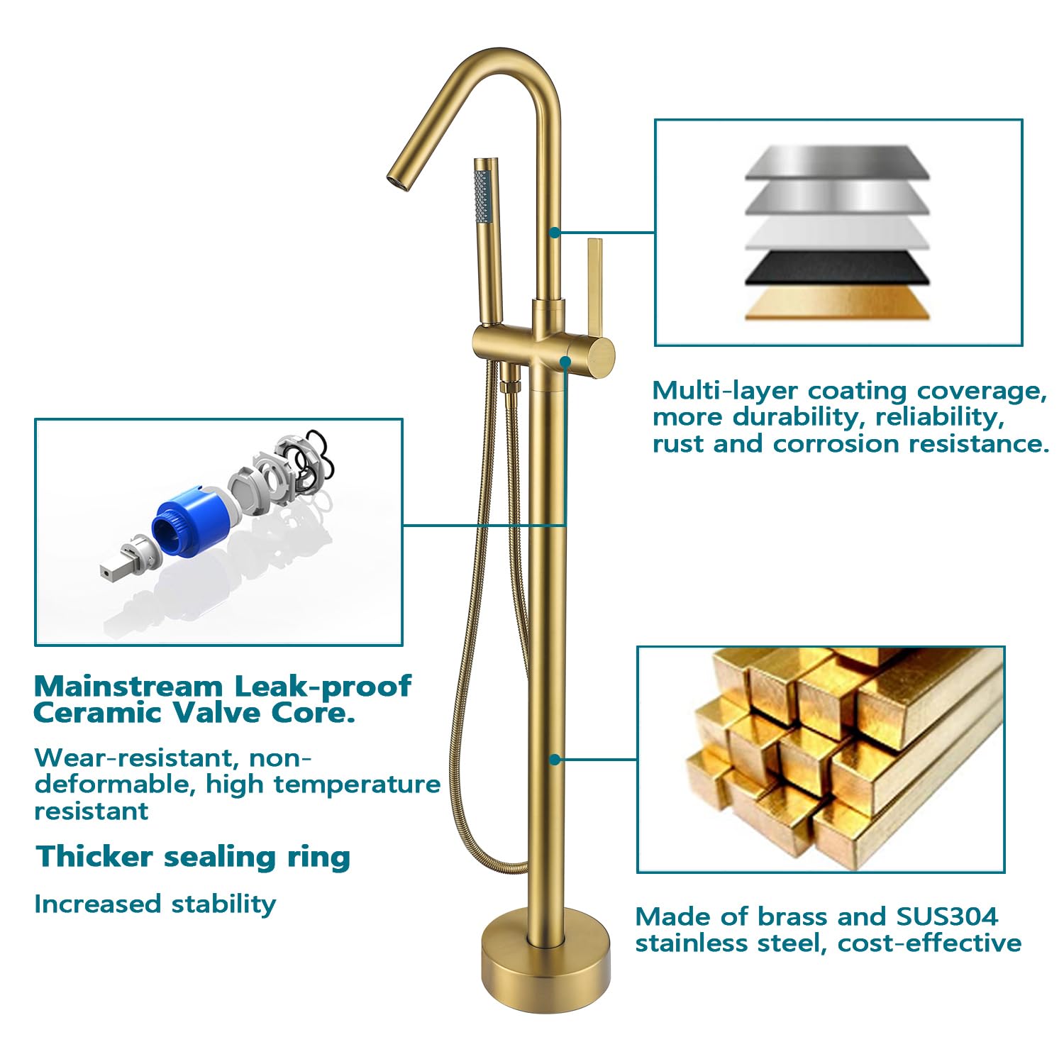 SATICO Freestanding Bathtub Faucet Gold Brushed Brass FF034BB Bathroom Single Handle Floor Mounted Tub Filler with Hand Shower Mixer Taps Swivel Spout