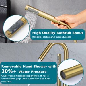 SATICO Freestanding Bathtub Faucet Gold Brushed Brass FF034BB Bathroom Single Handle Floor Mounted Tub Filler with Hand Shower Mixer Taps Swivel Spout