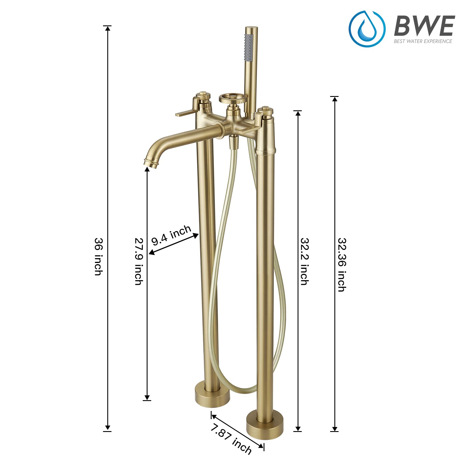 BWE Floor Mount Freestanding Bathtub Faucets Brushed Gold Solid Brass Single Handle Modern Bathroom Tub Filler High Flow Rate with Handheld Shower Mixer Tap