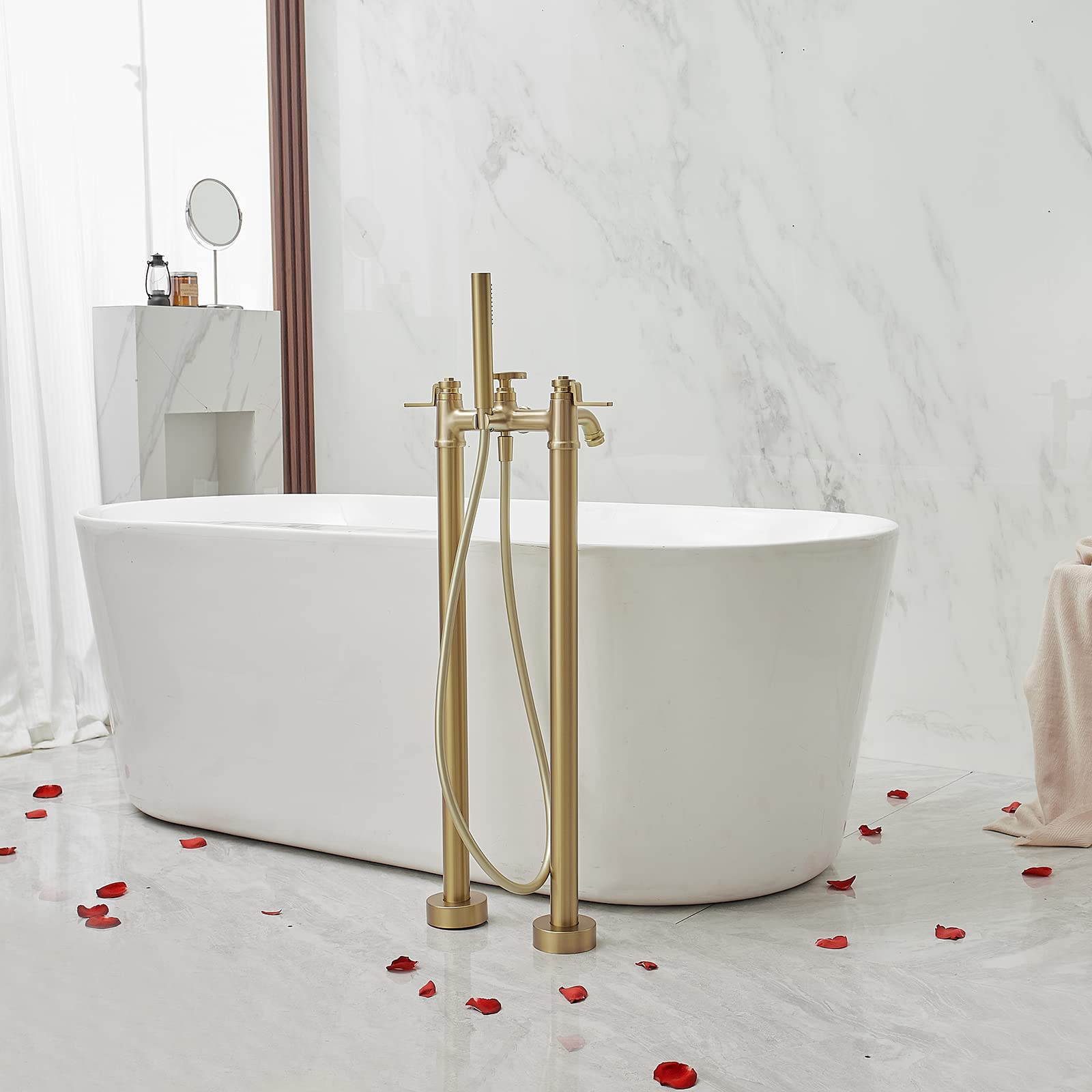 BWE Floor Mount Freestanding Bathtub Faucets Brushed Gold Solid Brass Single Handle Modern Bathroom Tub Filler High Flow Rate with Handheld Shower Mixer Tap