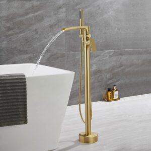 TapLong Waterfall Freestanding Bathtub Faucet Set Single Handle Floor Mount Tub Filler with Hand Shower High Flow Rate Max 6 GPM, Brushed Gold, 51019BG