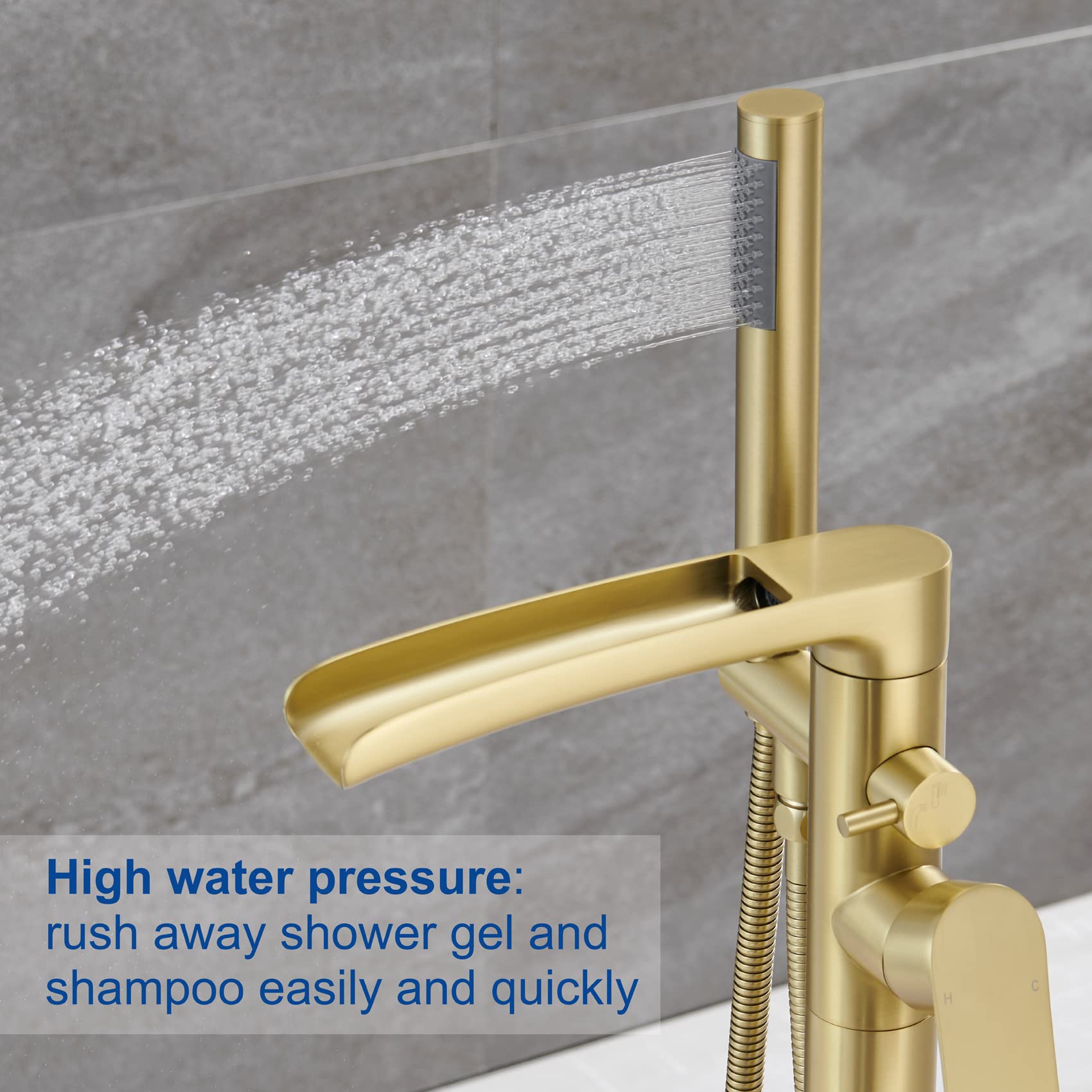 TapLong Waterfall Freestanding Bathtub Faucet Set Single Handle Floor Mount Tub Filler with Hand Shower High Flow Rate Max 6 GPM, Brushed Gold, 51019BG