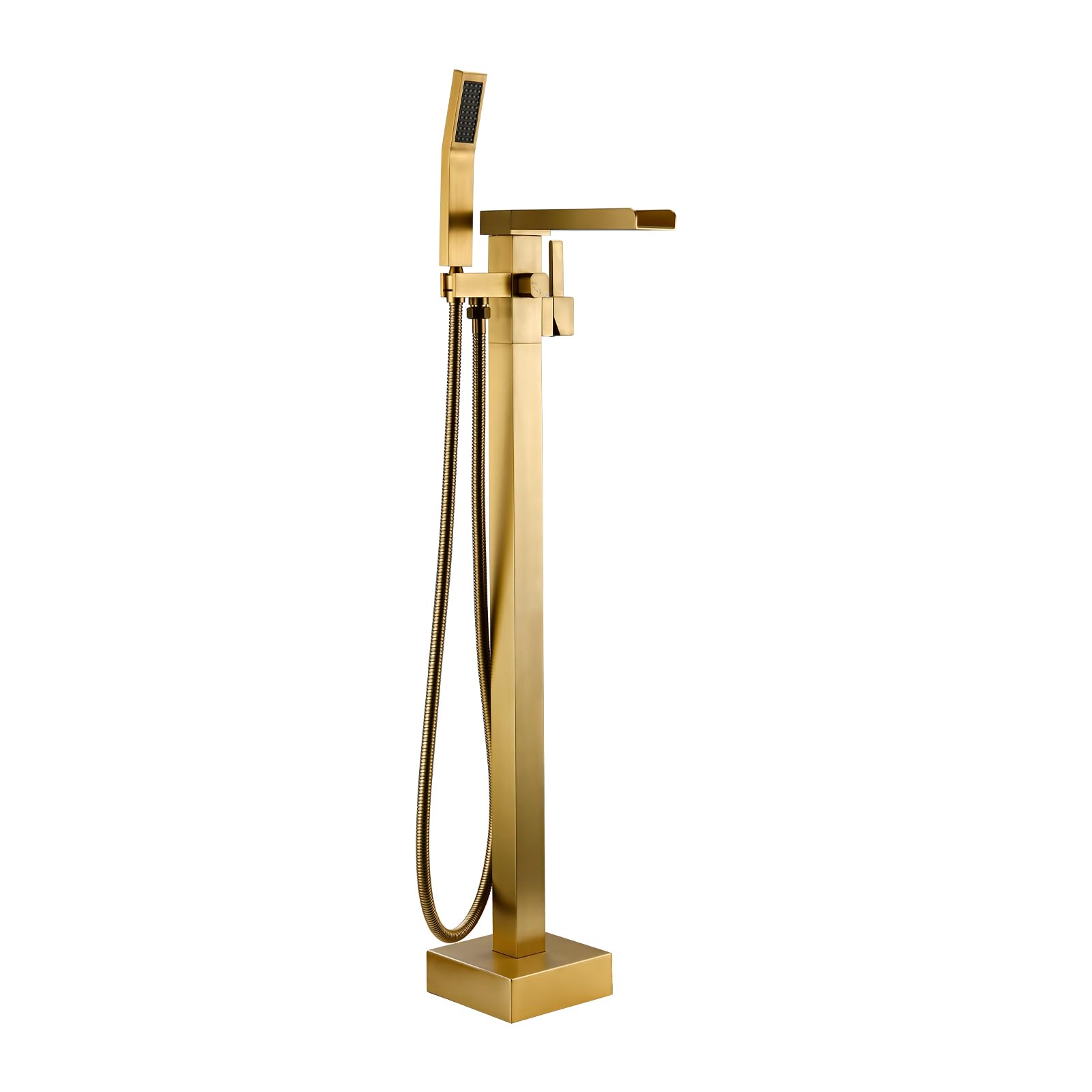 BAGNOLUX Bathtub Faucet Tub Filler Floor Mount Bathroom Faucets Brass Single Handle with Hand Shower (Waterfall Style B, Brushed Brass)