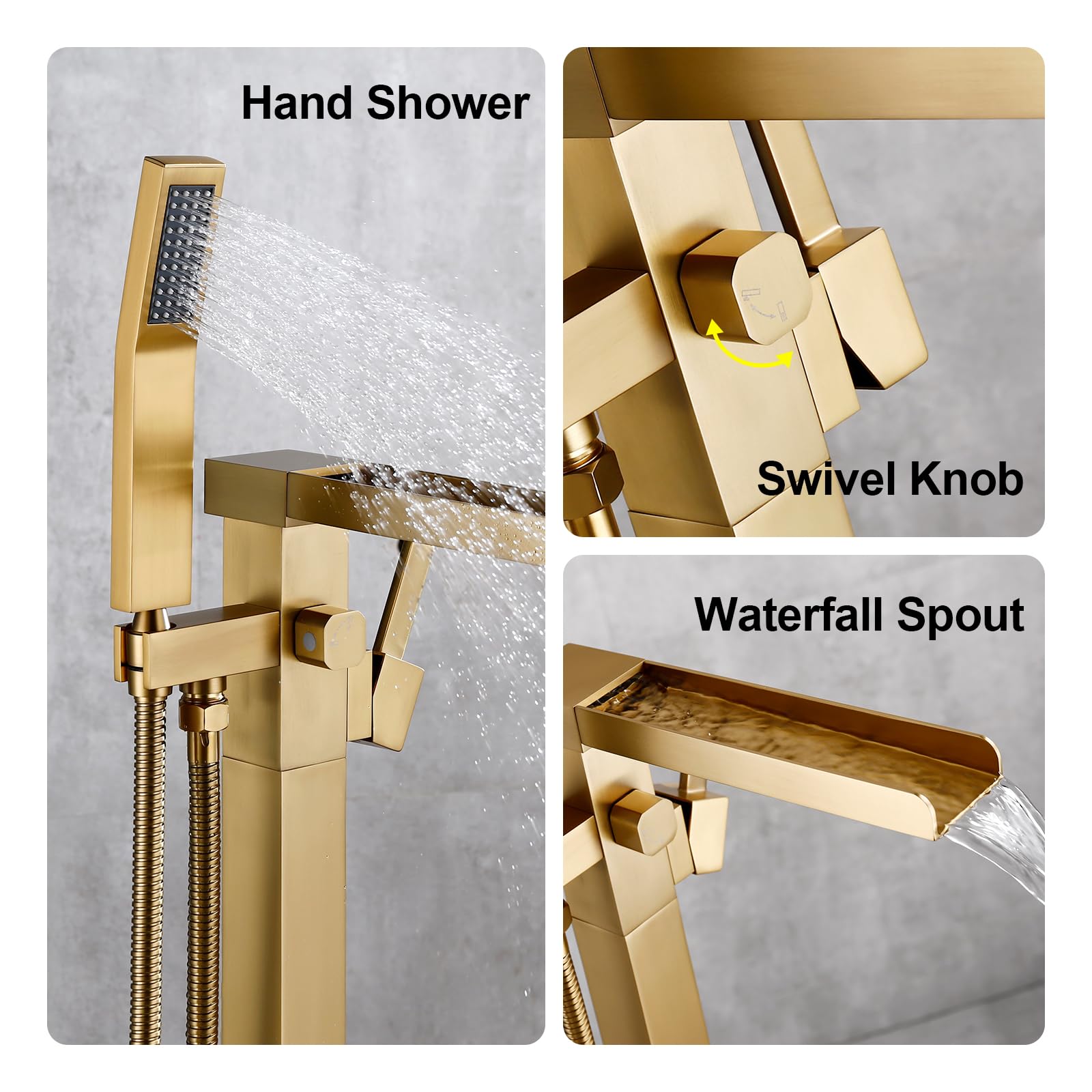 BAGNOLUX Bathtub Faucet Tub Filler Floor Mount Bathroom Faucets Brass Single Handle with Hand Shower (Waterfall Style B, Brushed Brass)