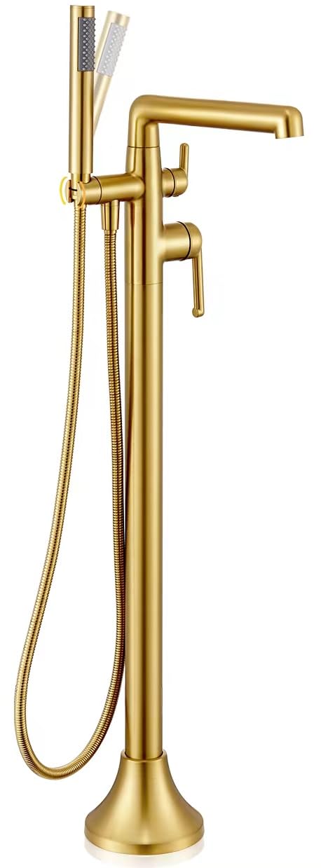 SOEBIZ Free Standing Tub Faucet, Brass Freestanding Bathtub Faucets Floor Mounted Brushed Gold Tub Filler with Swivel Spout and Hand Shower, Flow Max 6.5 GPM@60PSI