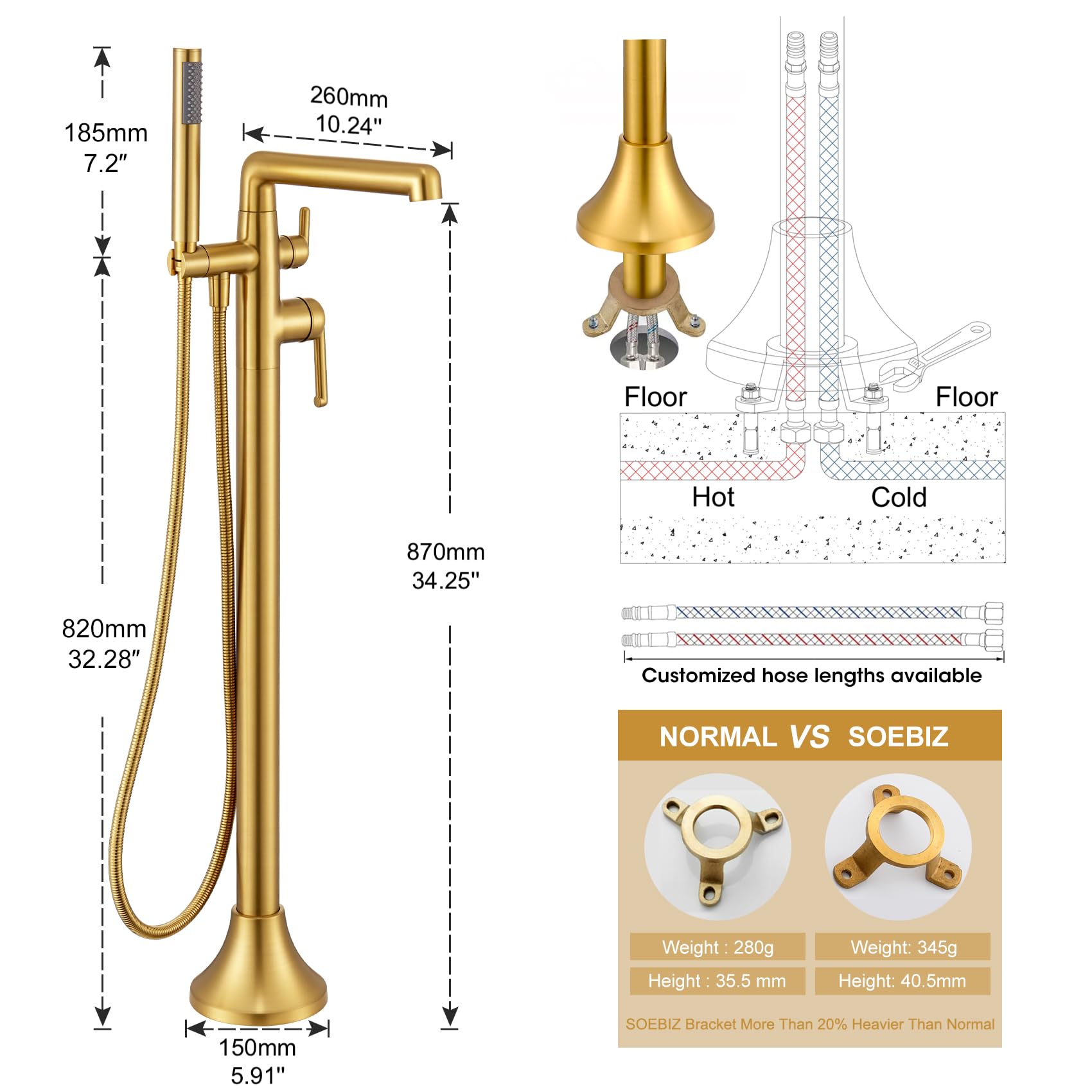 SOEBIZ Free Standing Tub Faucet, Brass Freestanding Bathtub Faucets Floor Mounted Brushed Gold Tub Filler with Swivel Spout and Hand Shower, Flow Max 6.5 GPM@60PSI