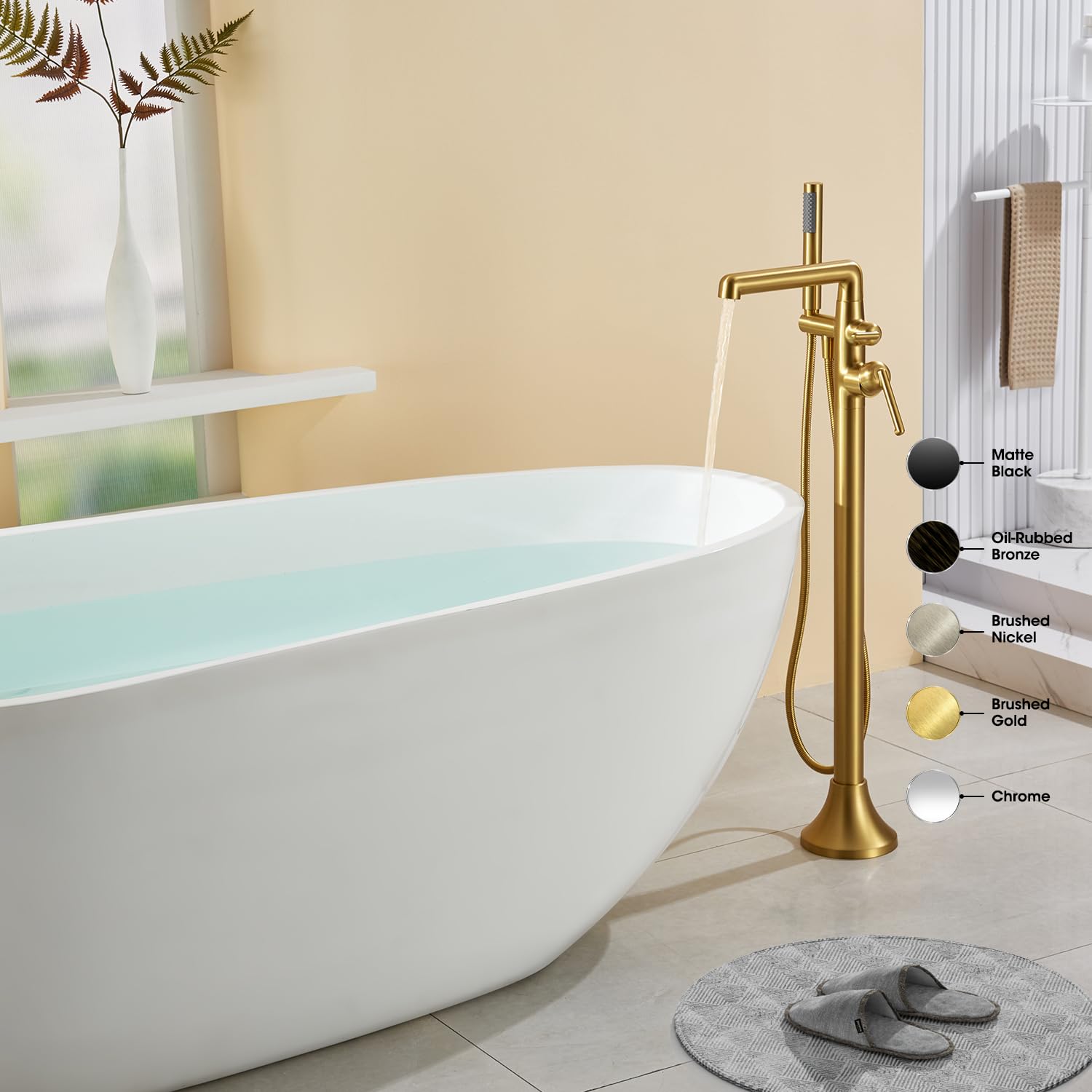 SOEBIZ Free Standing Tub Faucet, Brass Freestanding Bathtub Faucets Floor Mounted Brushed Gold Tub Filler with Swivel Spout and Hand Shower, Flow Max 6.5 GPM@60PSI