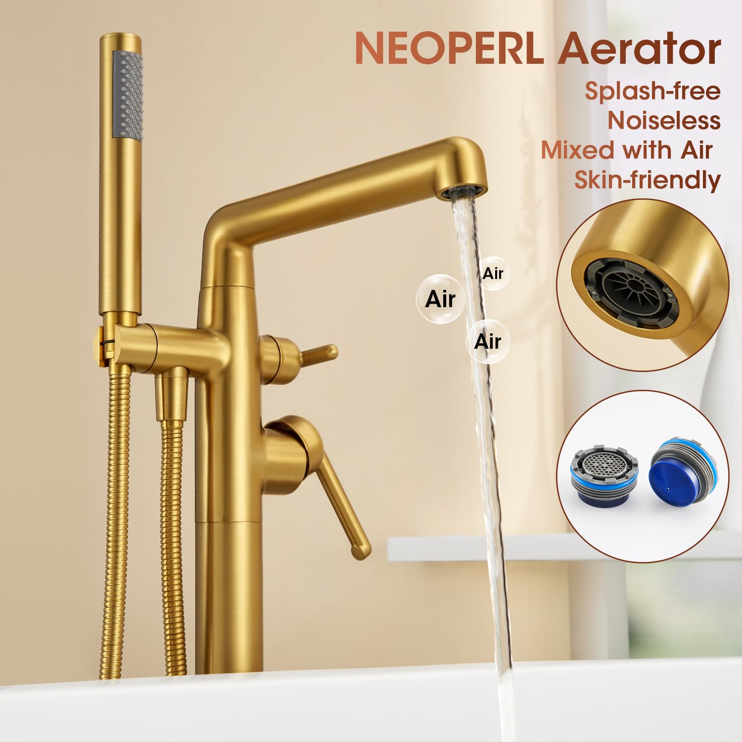 SOEBIZ Free Standing Tub Faucet, Brass Freestanding Bathtub Faucets Floor Mounted Brushed Gold Tub Filler with Swivel Spout and Hand Shower, Flow Max 6.5 GPM@60PSI