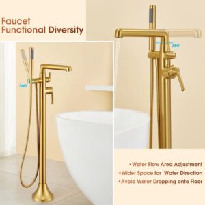 SOEBIZ Free Standing Tub Faucet, Brass Freestanding Bathtub Faucets Floor Mounted Brushed Gold Tub Filler with Swivel Spout and Hand Shower, Flow Max 6.5 GPM@60PSI