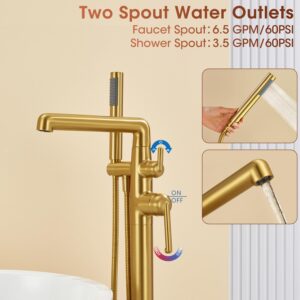 SOEBIZ Free Standing Tub Faucet, Brass Freestanding Bathtub Faucets Floor Mounted Brushed Gold Tub Filler with Swivel Spout and Hand Shower, Flow Max 6.5 GPM@60PSI