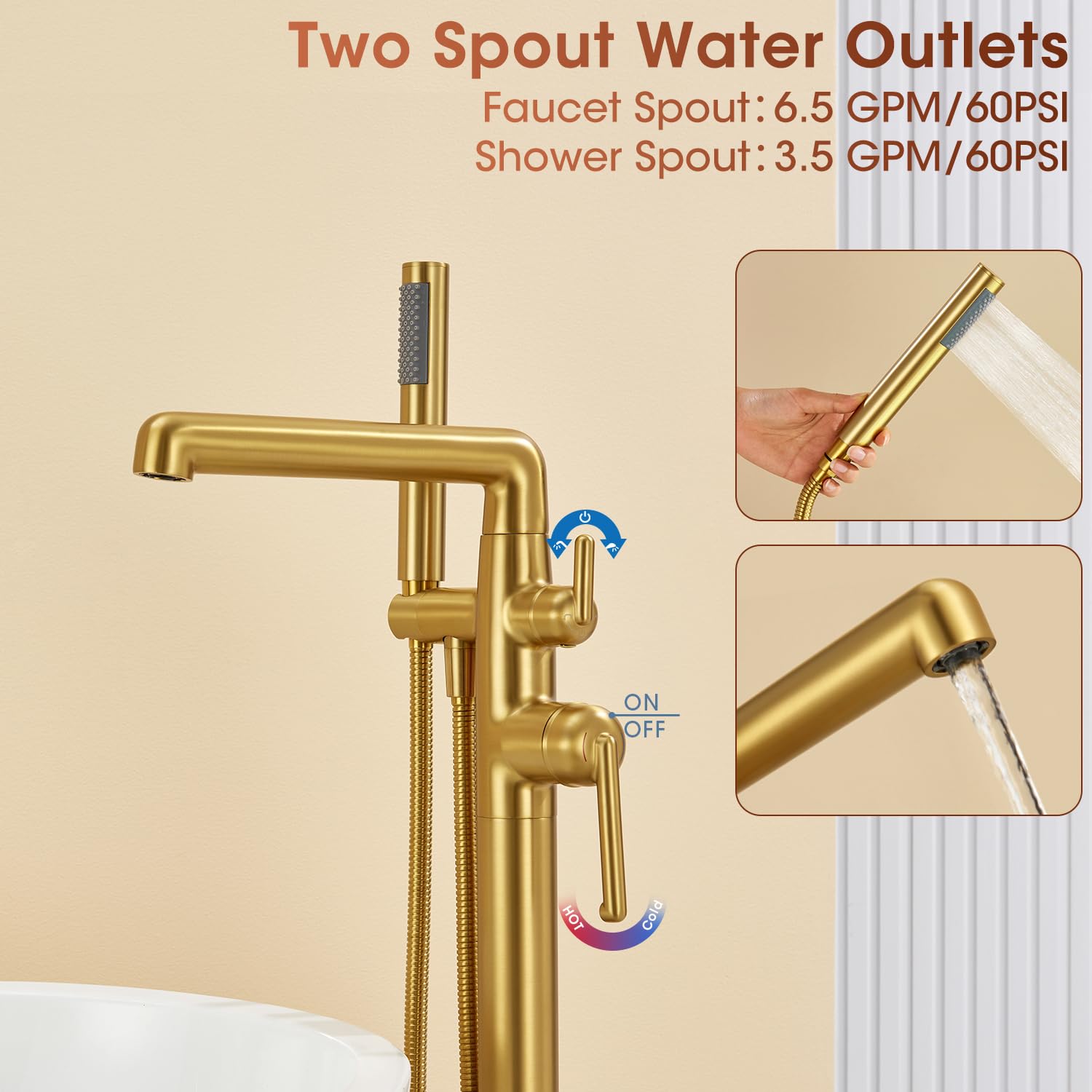 SOEBIZ Free Standing Tub Faucet, Brass Freestanding Bathtub Faucets Floor Mounted Brushed Gold Tub Filler with Swivel Spout and Hand Shower, Flow Max 6.5 GPM@60PSI