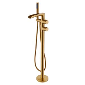 Qinkell Freestanding Thermostatic Bathtub Faucet Floor Mount Waterfall Tub Filler Brushed Gold Bathroom Taps with Handheld Shower