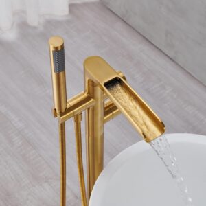 Qinkell Freestanding Thermostatic Bathtub Faucet Floor Mount Waterfall Tub Filler Brushed Gold Bathroom Taps with Handheld Shower