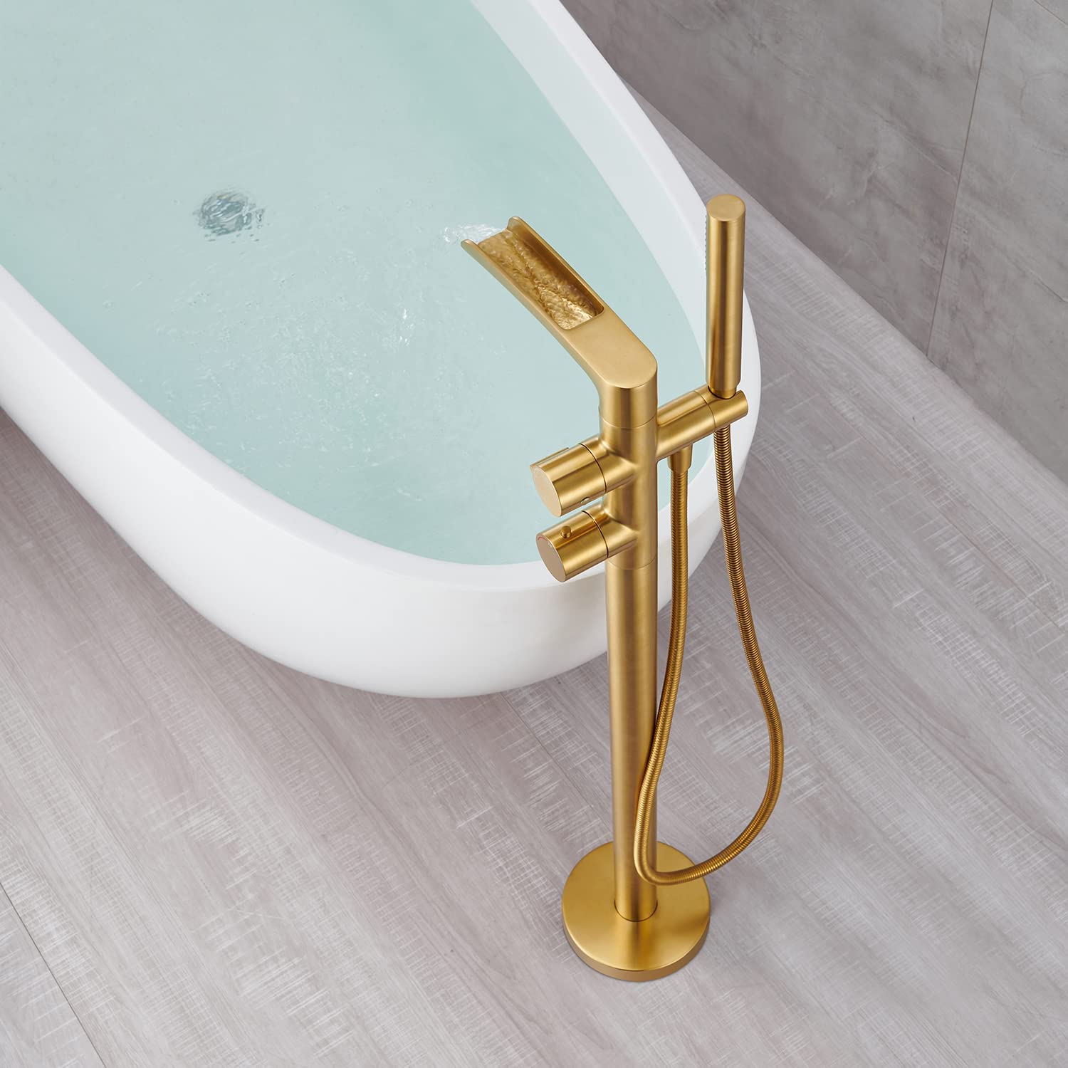 Qinkell Freestanding Thermostatic Bathtub Faucet Floor Mount Waterfall Tub Filler Brushed Gold Bathroom Taps with Handheld Shower